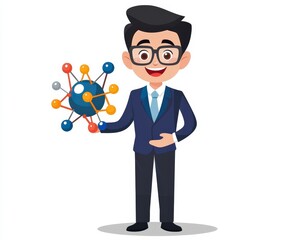 Cheerful Man Holding Scientific Model of Atom in Professional Attire