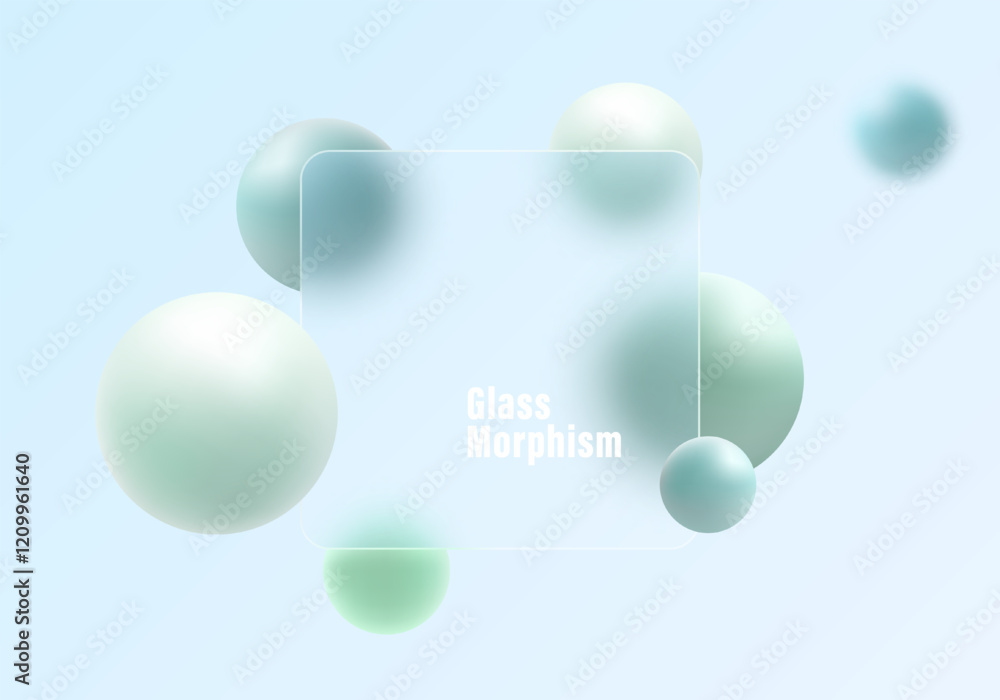 Poster website landing page background in glass morphism style. frosted glass partition with floating spher