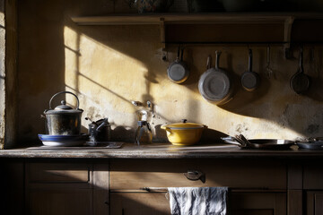 Rustic kitchen scene with sunlit pots, pans, and utensils on wooden countertop