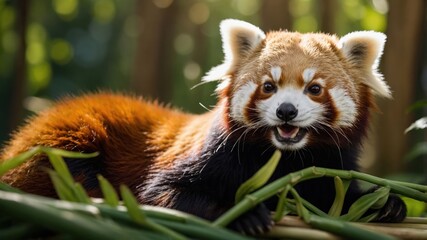 Fototapeta premium A red panda resting on bamboo, showcasing its playful demeanor in a natural setting.