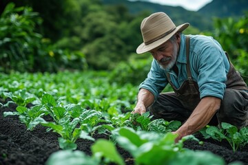 Bauer bei der Ernte von frischem Gemüse auf dem Feld

