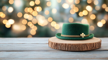 A green shamrock hat sits on a wooden table