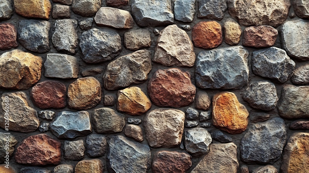 Poster stone wall texture: a close-up texture shot of a rustic stone wall, featuring a variety of sizes, sh