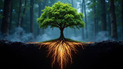 A futuristic tree with roots emitting light on a digital platform.