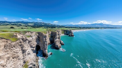 Fototapeta premium Coastal cliffs, ocean waves, golf course background, sunny day, travel postcard