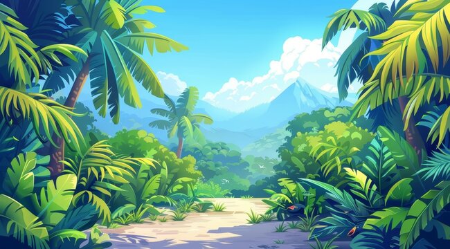 A scenic view of a lush tropical jungle with a path leading towards a mountain range in the distance. 