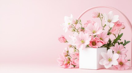 Fototapeta premium Pink flowers in a white box on pink background, spring floral arrangement