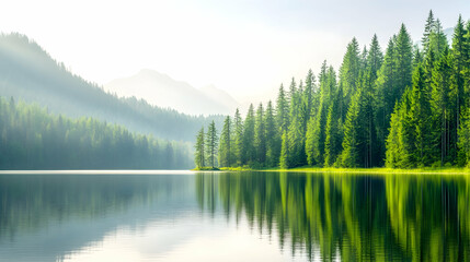 Lake shore with evergreens forest in summer