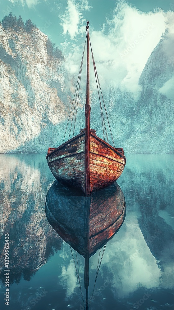 Wall mural Serene Lake Landscape: Wooden Boat Reflection