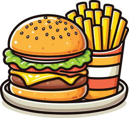 Cheese, Beef, Chicken, Hamburger, Burger and french fries in plate