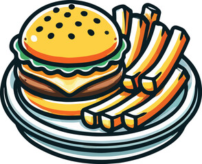 Cheese, Beef, Chicken, Hamburger, Burger and french fries in plate