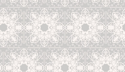 A modern subtle floral mandala seamless pattern in elegant grey and white modern maximalist with vibrant shapes and intricate designs for statement-making visuals, textile, decor, wallpaper, luxury