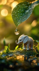 A charming miniature elephant stands gracefully next to a shimmering droplet delicately hanging from a leaf, all set against a vibrant, lush green backdrop during the enchanting golden hour