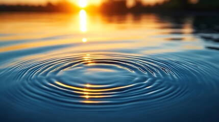 Sunset Ripple: Concentric ripples spread across the still surface of a lake or river at sunset, reflecting the warm golden hues of the setting sun. The image evokes serenity and peace. 