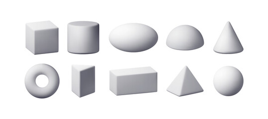 3d set of white simple figures isolated. Render basic geometric shapes icons. Cone, cube, cuboid, pyramid, cylinder, sphere, ellipse, ring. Voluminous geometry figures elements. Vector illustration