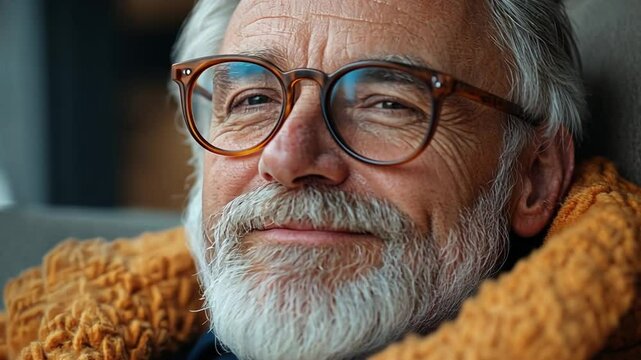 Silver Fox:  Close-up portrait of a distinguished senior man with a white beard and twinkling eyes, a gentle smile playing on his lips.  His warm gaze and kind expression are captured in sharp detail.
