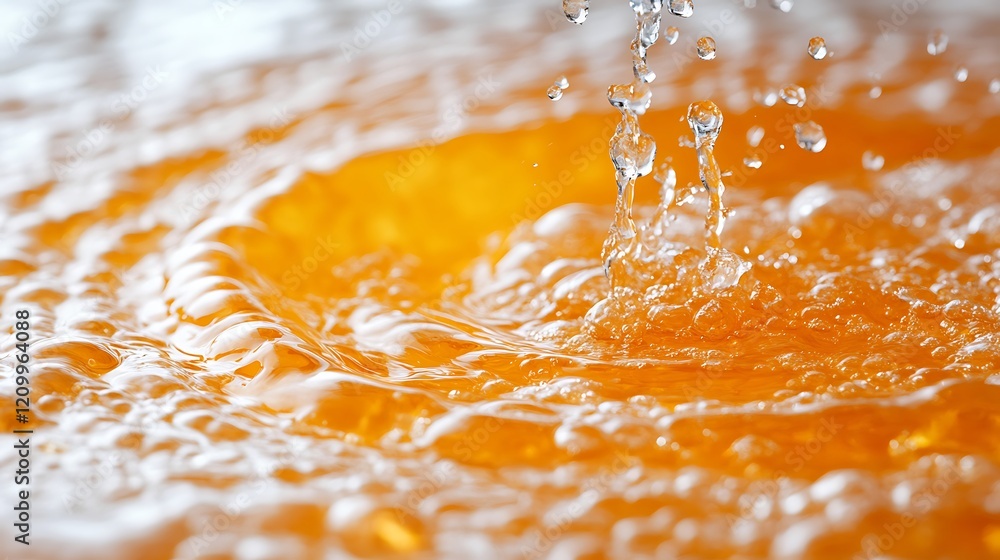 Poster golden water droplets: a mesmerizing close-up of water droplets impacting a still pool of golden liq