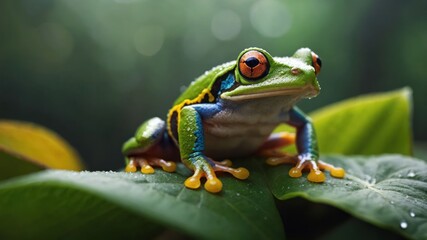 Naklejka premium A vibrant frog perched on a green leaf in a lush, blurred natural environment.