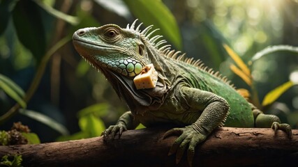 Fototapeta premium A vibrant green iguana perched on a branch, holding a piece of cheese in its mouth.
