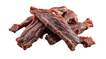 several pieces of dried meat. commonly known as jerky. arranged on a white background the texture appears chewy and flavorful. making it an appealing snack option for those seeking protein-rich. porta