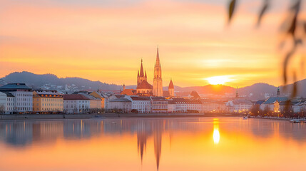 Naklejka premium Linzer Dom bei Sonnenuntergang im Frühling. Ausblick über die Dächer von Linz in Oberösterreich.