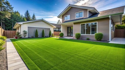 Modern House with Attached Garage and Lush Green Lawn