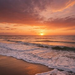 Fototapeta premium Amazing sunset over the ocean. The warm colors of the sky and the gentle waves crashing on the shore create a peaceful and relaxing scene.