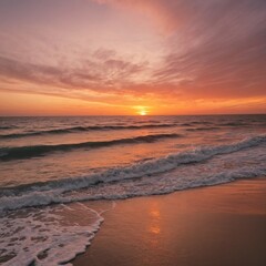 Fototapeta premium Amazing sunset over the ocean. The warm colors of the sky and the gentle waves crashing on the shore create a peaceful and relaxing scene.