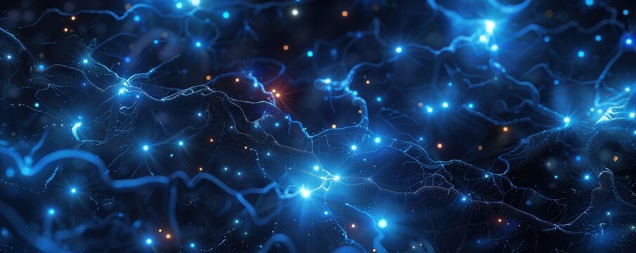 Blue network of interconnected glowing nodes over a dark background
