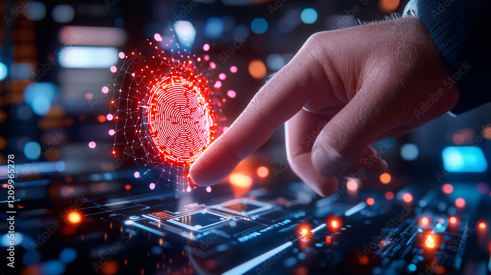 Poster ai generate fingerprint recognition technology in cybersecurity digital interface futuristic environ
