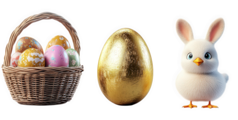 wicker basket filled with colorful easter eggs. a large shiny golden egg. and a cute. fluffy chick standing beside them this composition captures the festive spirit of easter celebrations. symbolizing