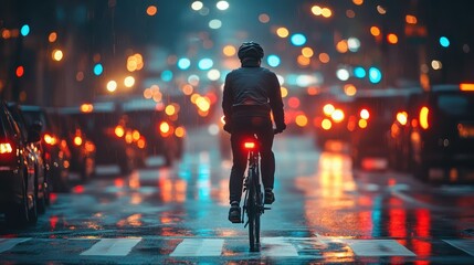 A cyclist patiently waits at a bustling crosswalk in an urban environment, surrounded by the vibrant glow of blurred city lights on a rainy evening
