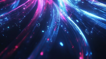 Obraz premium Close-Up of Fiber Optic Cables with Blue and Purple Light Streaks in Motion