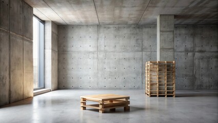 Modern Minimalist Interior Design Featuring a Wooden Coffee Table and Shelving Unit in a Concrete Room