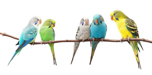a group of five colorful budgerigars perched on a branch against a white background. showcasing their vibrant plumage and social behavior  beauty and variety of these popular pet birds. highlighting t
