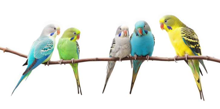a group of five colorful budgerigars perched on a branch against a white background. showcasing their vibrant plumage and social behavior  beauty and variety of these popular pet birds. highlighting t