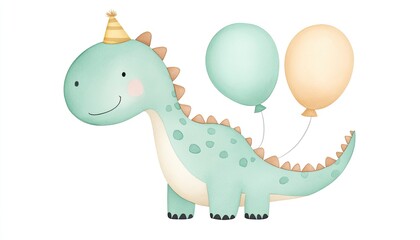 Naklejka premium Cute dinosaur character wearing a party hat, holding colorful balloons, celebrating a birthday