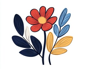 Vibrant Floral Design with Bright Red Flower and Colorful Leaves