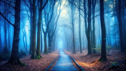 Fototapeta premium Mystical Pathway Through an Enchanting Blue Forest in the Early Morning Mist