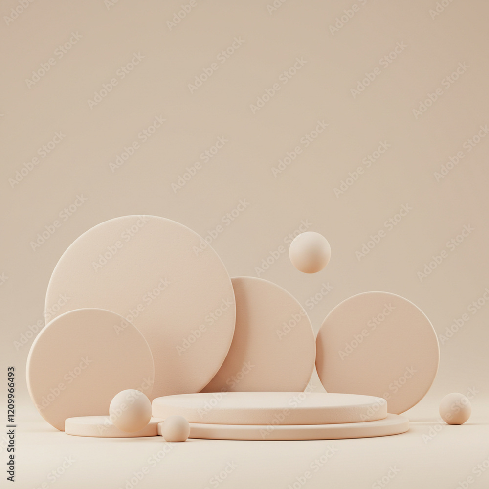 Poster minimal 3d-rendered abstract background with beige geometric shapes on a beige backdrop, designed fo