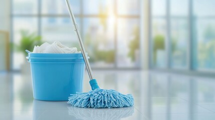 Bright, clean floor showcases a blue mop and bucket, ready for cleaning tasks in a spacious environment illuminated by natural light