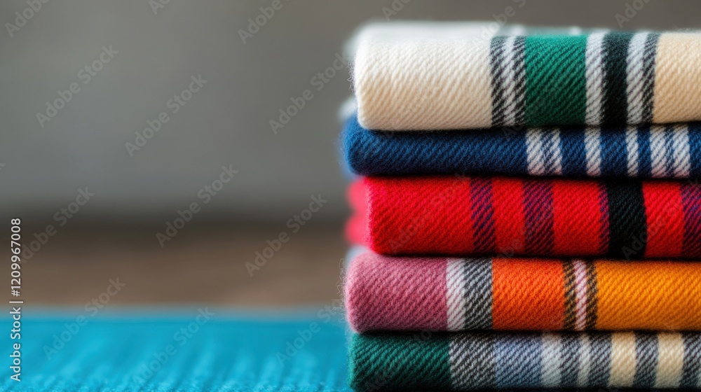 Poster a vibrant stack of neatly folded plaid blankets is arranged on a wooden surface, adding warmth to a 