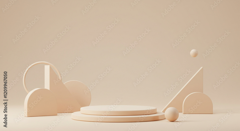 Poster minimal 3d-rendered abstract background with beige geometric shapes on a beige backdrop, designed fo