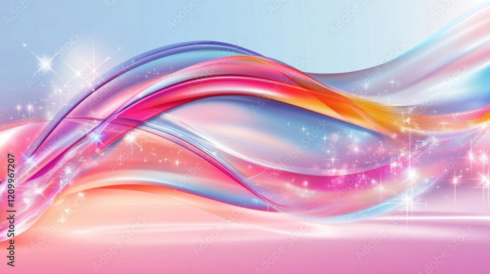 Poster vibrant waves of color intertwine, creating a mesmerizing flow filled with sparkling stars against a