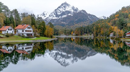 Fototapeta premium Autumnal mountain lake reflection houses. Ideal for travel brochures