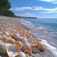 Seashells on a sandy beach with ocean waves.