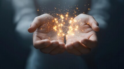 Hands holding a glowing oxygen molecule, health in focus, 3D illustration