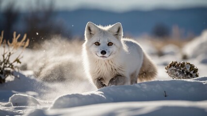Naklejka premium A white fox running through the snow, showcasing its agility in a winter landscape.