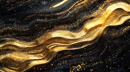 Close-up of golden glittering waves on a dark background, highly detailed, luxurious and elegant, dynamic and vibrant, magical and beautiful, striking and captivating atmosphere