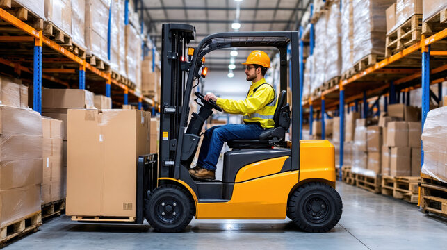 Warehouse worker driving forklift carrying boxes in logistics center